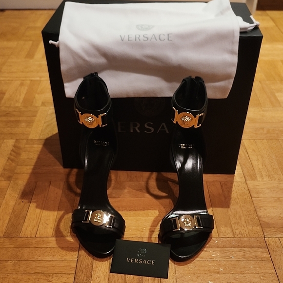 Versace Black and Gold Heels with Medusa Embellishment